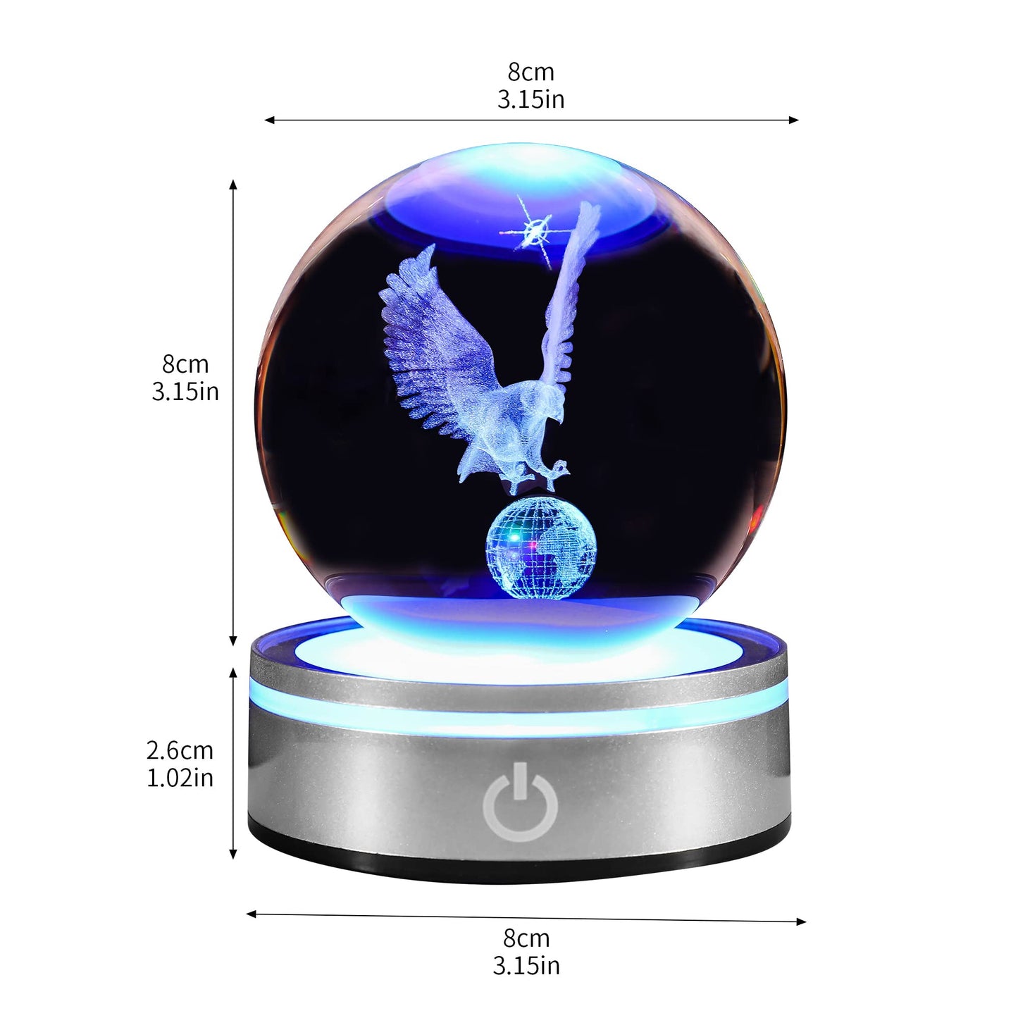pinyan Eagle Gift 3D Crystal Ball with LED Light Base Unique Decor Glass Figurine Lamps Laser Engraved Nightlight for Best Friend Eagle Lovers Keepsake Paperweight