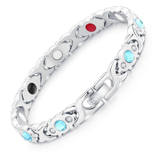 EMMORI Ultra Strength Magnetic Bracelet for Woman - 3,500 Gauss Per Magnet -Crystal Bracelet - Adjustable Length -Pulseras Magneticas (Silver Blue)