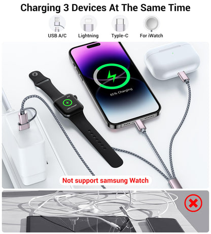 Temdan for Travel Vacation Essentials,3 in 2 USB C Cable for Apple Watch Charger/iPhone 17 Charger/Lightning,Multi Charging Cable Cord,Camping Essentials,Designed for iWatch &iPhone 16-12-5FT Purple
