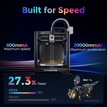 Flashforge Adventurer 5X 3D Printer with Multi-Color Flexible TPU Printing,Max speed: 600mm/s,Acceleration: 20,000mm/s,Auto 4kg filament refill,Full-auto leveling,Compact integrated design