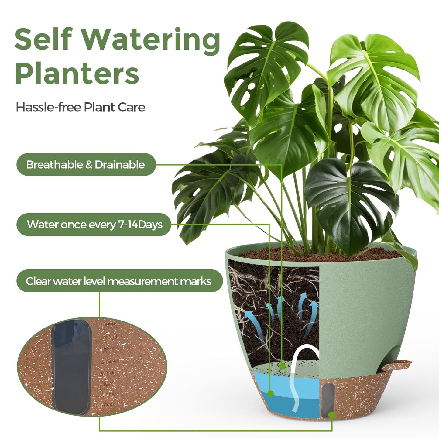 LifeNest Plant Pots, 12" 10" 6" 8" Inch Self Watering Pots with Water Level Indicator, Set of 5 Flower Pots Indoor with Drainage Holes, Modern Planters for Indoor Outdoor Plants, Room & Office Décor