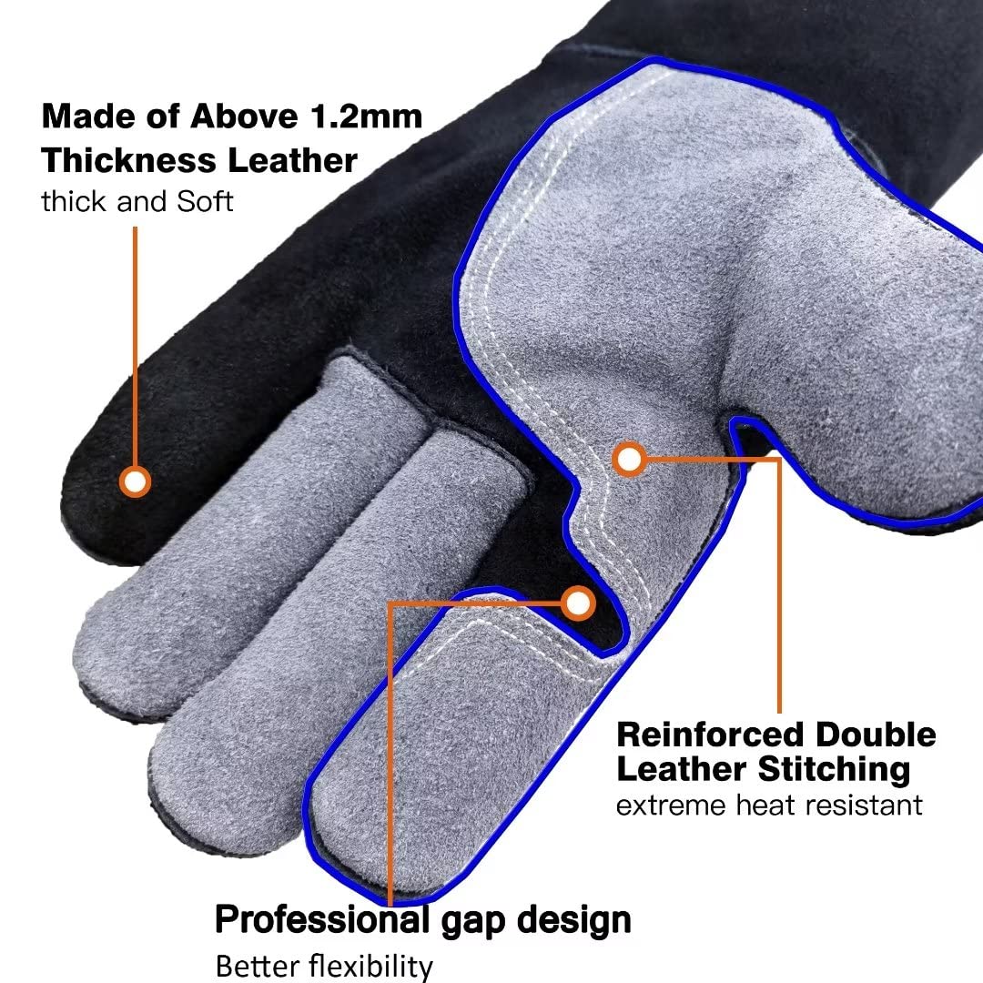 WZQH 40 CM / 16 IN, Leather BBQ Gloves, Fire and Heat Resistant Mitts for Barbecue, Welding, Firefighting, Fireplace, Oven, Baking, Stove, Pot Holder, Animal Handling. Grey-black Large Fireproof Glove