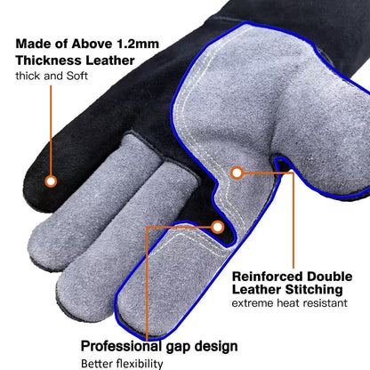 WZQH 40 CM / 16 IN, Leather BBQ Gloves, Fire and Heat Resistant Mitts for Barbecue, Welding, Firefighting, Fireplace, Oven, Baking, Stove, Pot Holder, Animal Handling. Grey-black Large Fireproof Glove