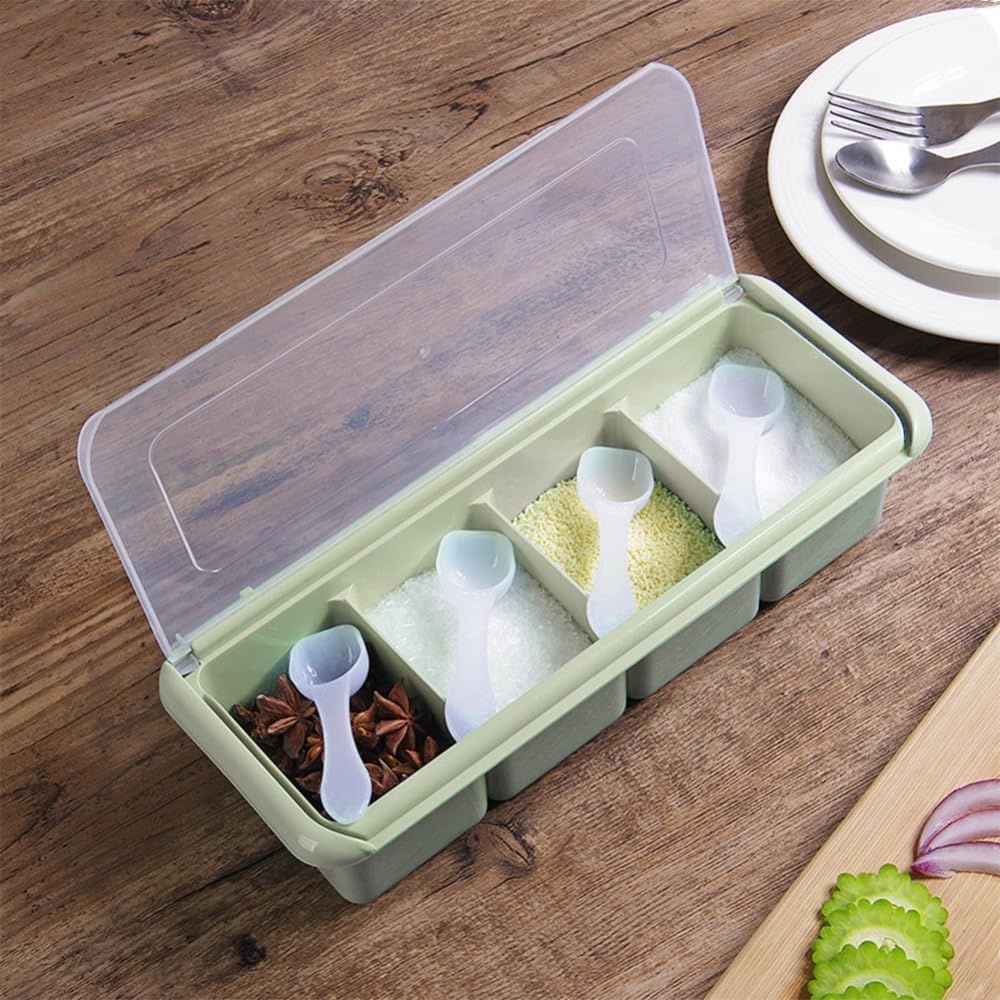 Anu Limen Spice Organizer Box 11.4 Inch – Condiment Holder with Spoon, Kitchen Storage Rack for Seasonings, Sugar, Salt, Jam, Leak-Proof Design(Green)