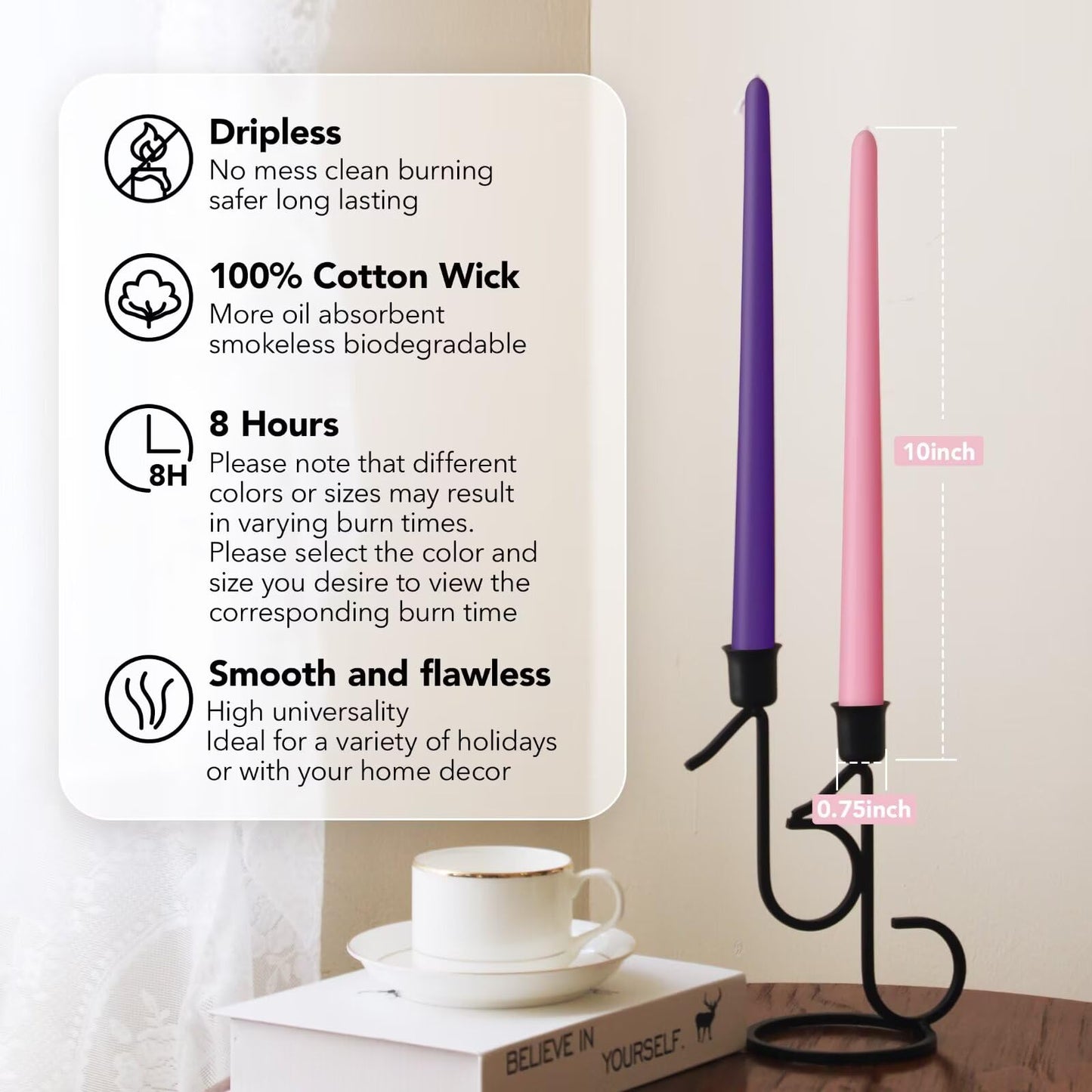 Pickood 10-Inch Tall Dripless Advent Candles Set of 12, Tapered Candles, Perfect for Christmas - Smokeless, Unscented, Long Burning - Hand Poured, Colored Tall Candlesticks - Pink and Purple