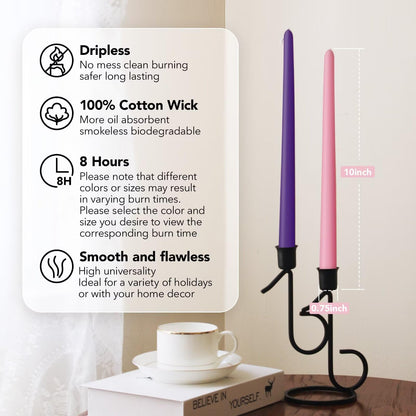 Pickood 10-Inch Tall Dripless Advent Candles Set of 12, Tapered Candles, Perfect for Christmas - Smokeless, Unscented, Long Burning - Hand Poured, Colored Tall Candlesticks - Pink and Purple