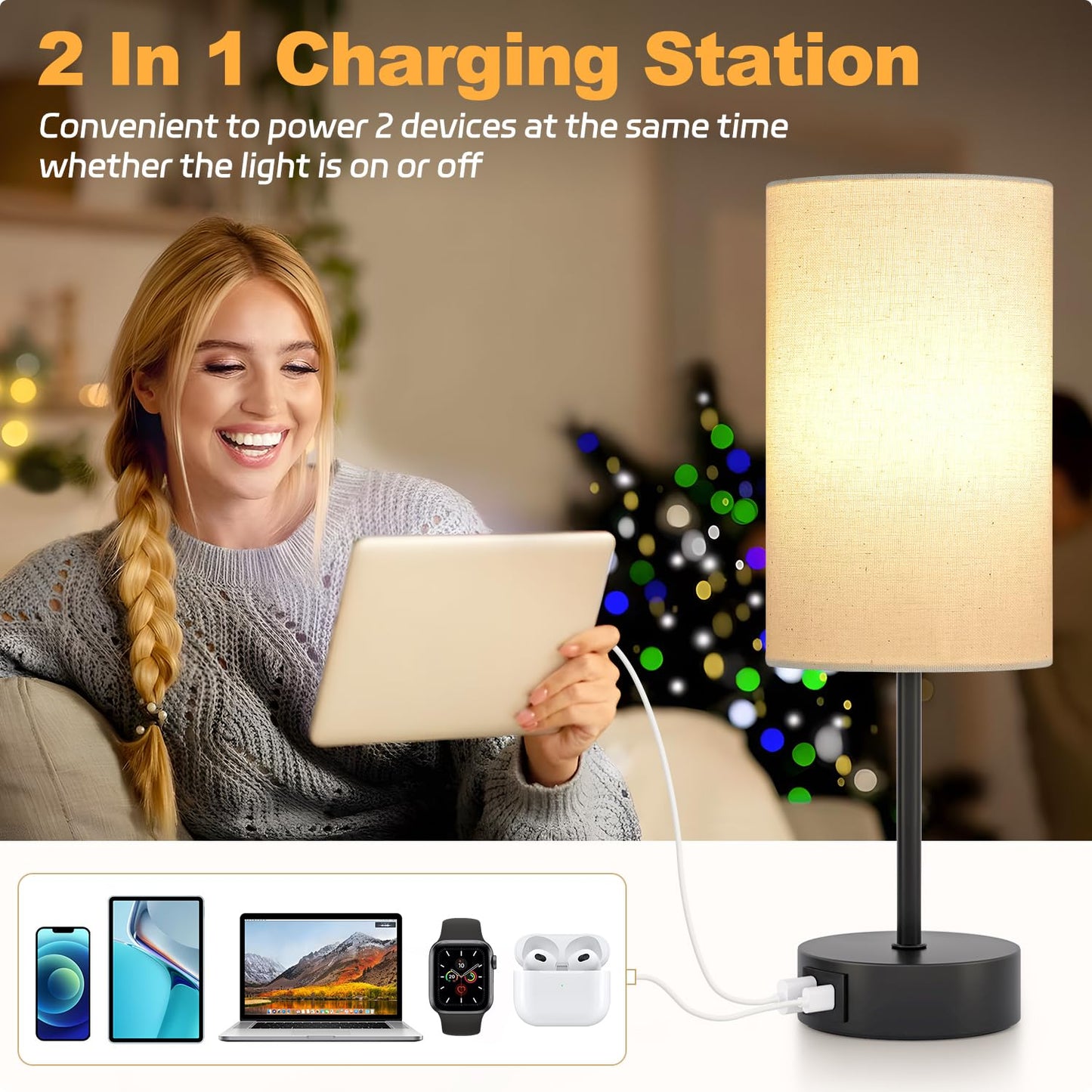 STANBOW Bedside Lamps, Touch Lamp Bedside with USB A+C Charging Ports, 3-Way Dimmable LED, Table Lamp for Living Room Bedroom Gift with Beige Shade-Black Base (LED Bulb Included)