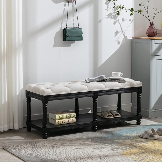 Farmhouse Storage Bench Wooden Entryway Linen Upholstered Ottoman Button Tufted