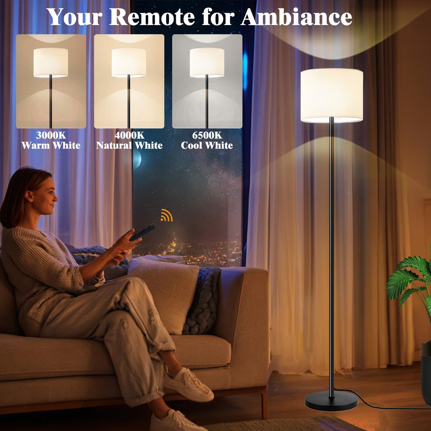 Fuvqeyes Smart Floor Lamp with APP & Remote Control - Dimmable RGB & White Light (3000K-6500K) for Living Room, Bedroom, Office - Modern Standing Lamp with 9W LED Bulb Included
