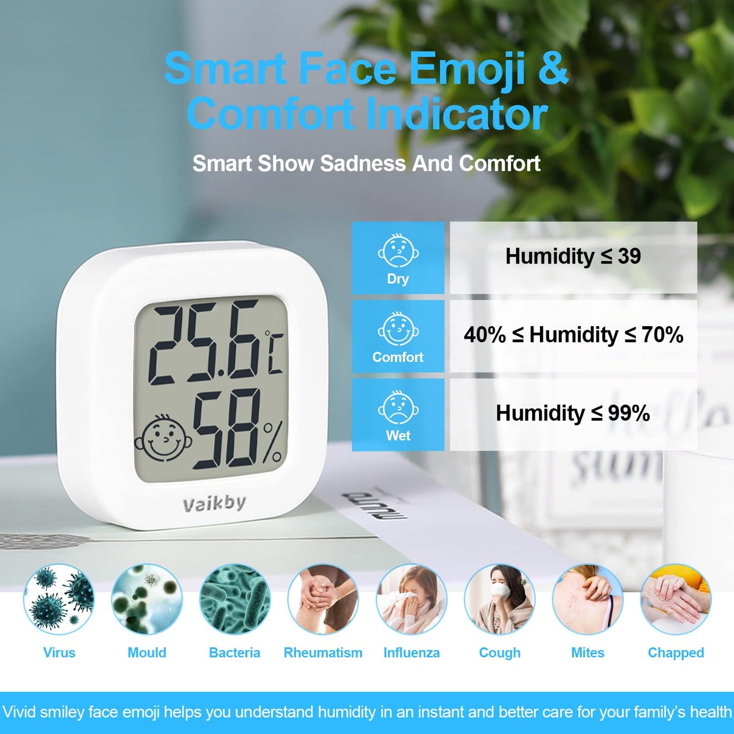 6Pack Room Thermometer Vaikby, Indoor Thermometer Hygrometer, Mini Digital Temperature Humidity Meter Gauge Monitor, Large LCD Display Celsius or Fahrenheit for House, Greenhouse, Baby, Office, Home