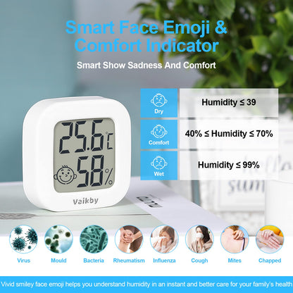 6Pack Room Thermometer Vaikby, Indoor Thermometer Hygrometer, Mini Digital Temperature Humidity Meter Gauge Monitor, Large LCD Display Celsius or Fahrenheit for House, Greenhouse, Baby, Office, Home