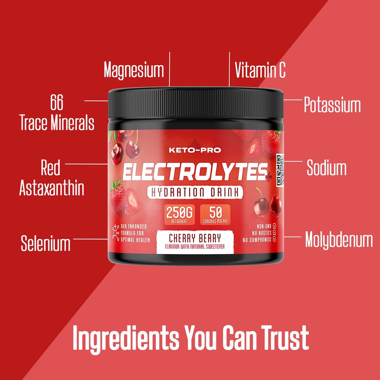 Keto-Pro Keto Electrolytes 250g | Keeping You Electric | Electrolyte Powder & Salts with Astaxanthin | Supporting Fasting, Health & Fitness Goals | Cherry Berry Flavour