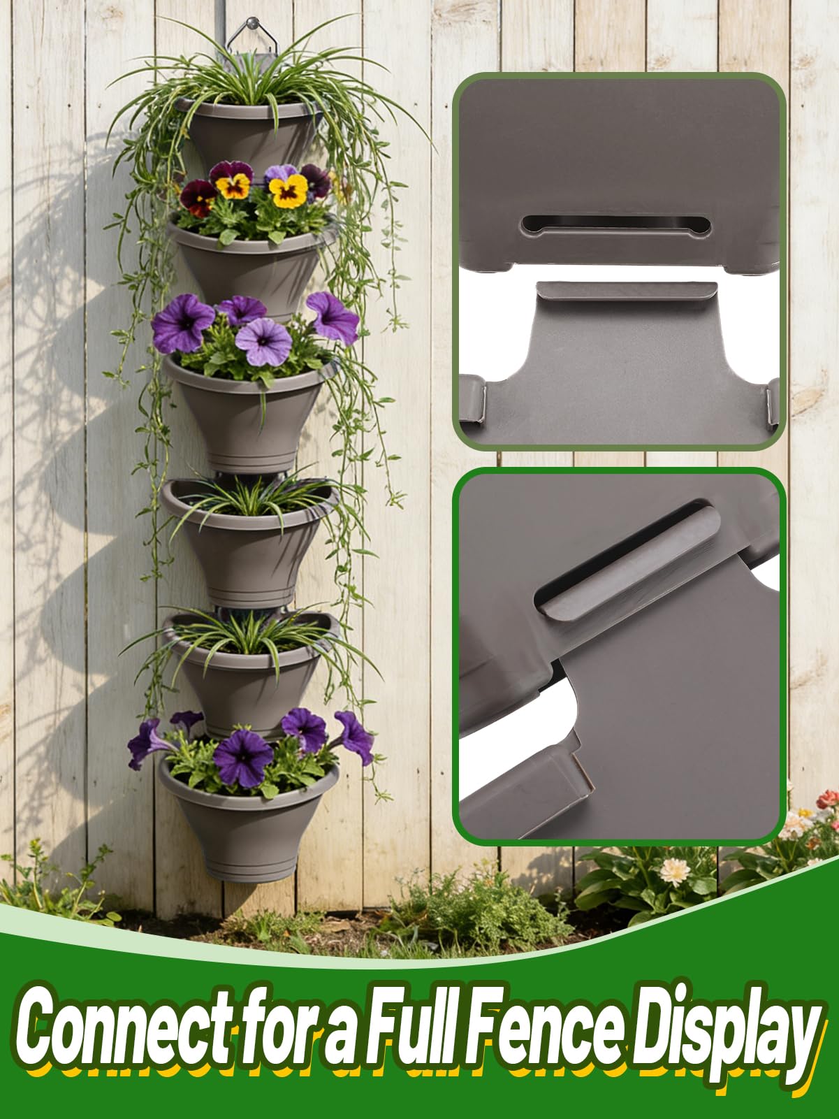 MADHOLLY 6Pcs Vertical Hanging Planters for Outdoor Plants - Wall Plant Holder for Indoor Decorations Garden Fence, Plastic Flower Pots with Drainage Grid and Hooks (Gray)