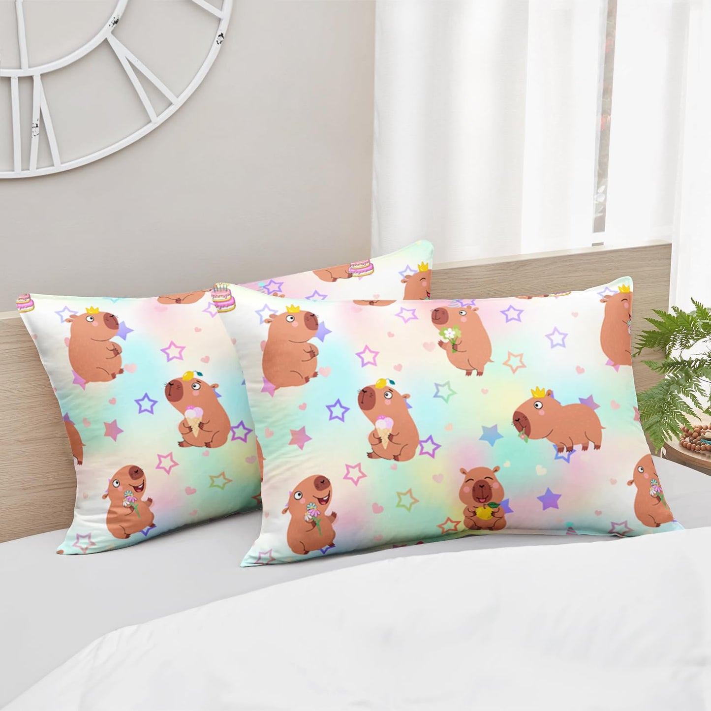AILONEN Kawaii Capybara Comforter Set Full Size,Cute Cartoon Capybara Rainbow Bedding Set for Girls Kids,Lovely Animal Star Quilt & 2 Pillowcases-3 Pieces