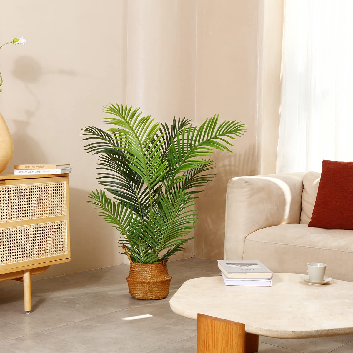 LOMANTO Fake Majesty Palm Plant 4Ft Artificial Tree for Home Decor Indoor Small Faux Trees in Pot Fake Tropical Plants for Housewarming 2Pack