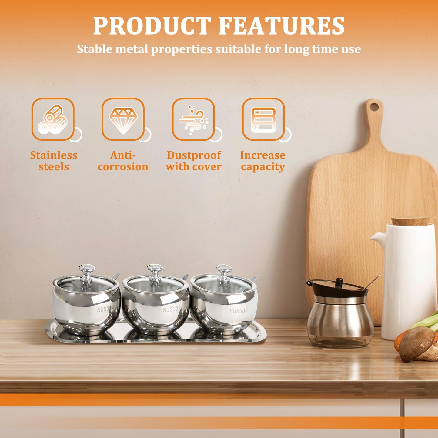 3 Grids 10 Oz Stainless Steel Sugar Bowl with Spoon Tray Lid, Silver Salt Spice Containers Dispenser Set, Sugar Jar Holder Dish for Coffee Bar Storage Seasoning Kitchen Countertop (Silver)