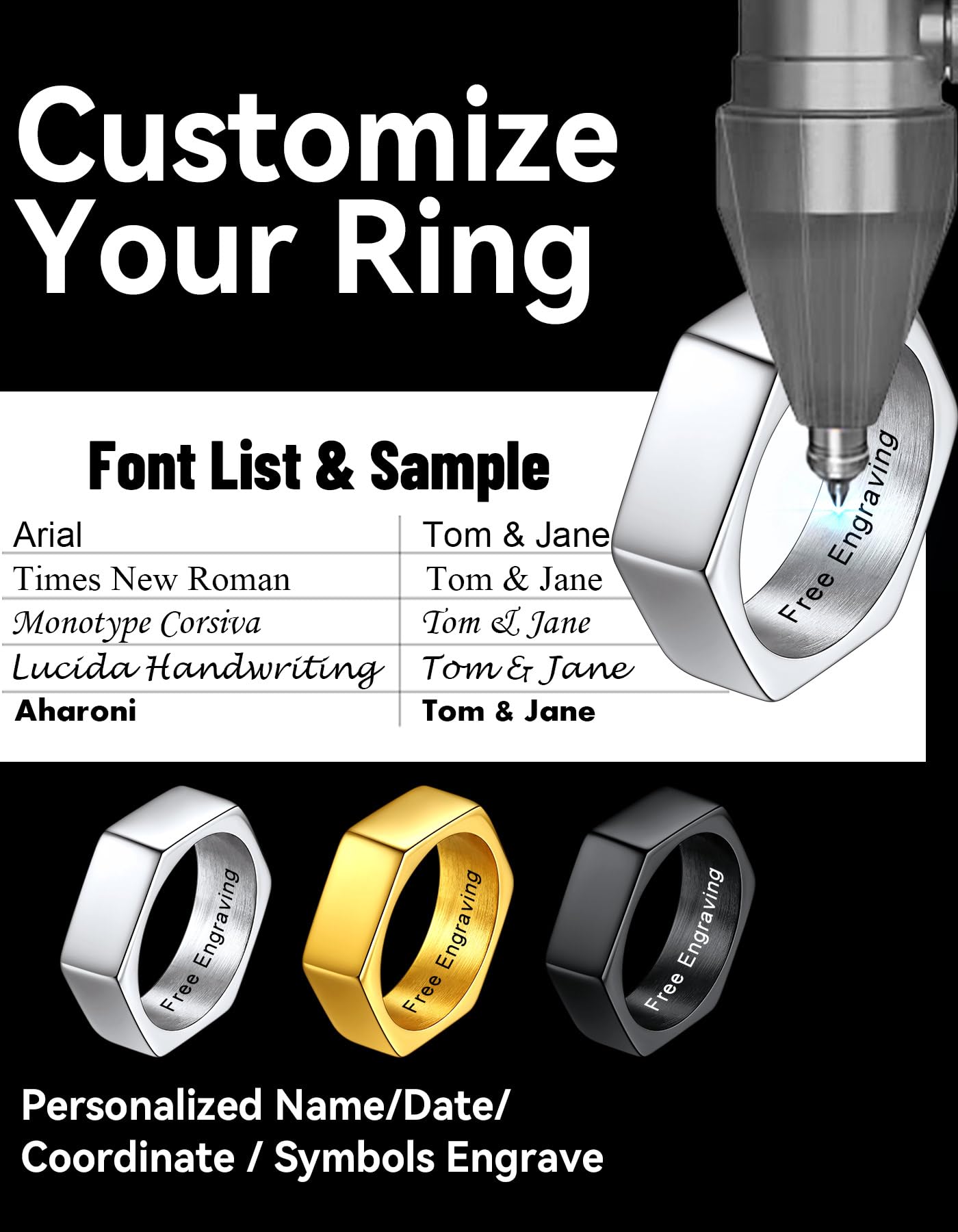 ChainsHouse Hexagon Ring Stainless Steel Geometric Biker Bands Custom Engraved Punk Jewelry for Men Women, Size 12