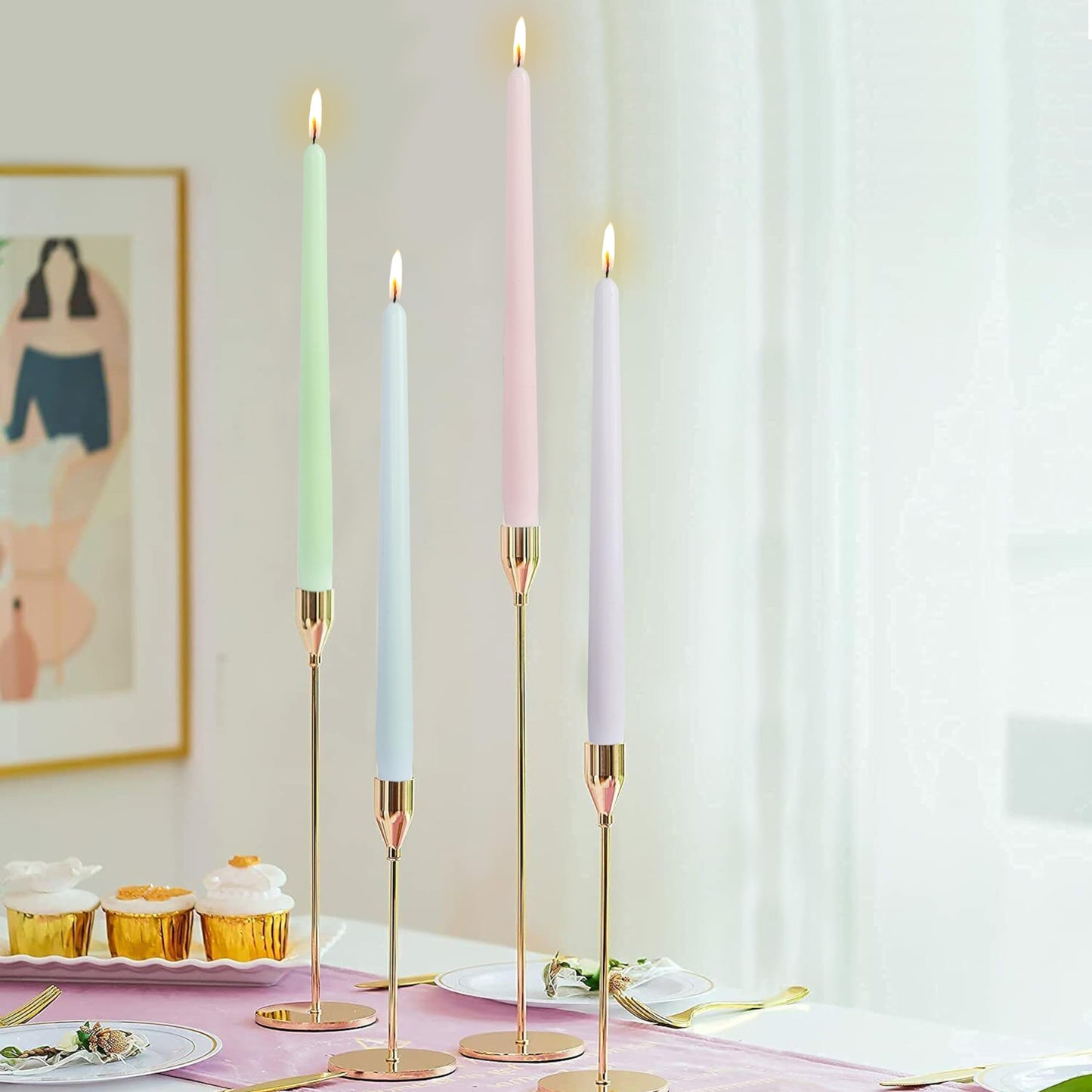 Dripless Candle Sticks Taper Candlesticks,Gedengni 10 Inches Pink Tapered Candles Green Candle Stick Colorful Taper Candles Candy Dinner Candle Wax for Home Party Women Gift,4pcs (8D4P-LIGMIX)