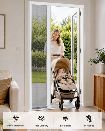 Paramondo Retractable Screen Door for Single Door, Free Stop Sliding Patio Doors - Durable Aluminium Frames with Fiberglass Mesh - White, Size 32''W x 80''H