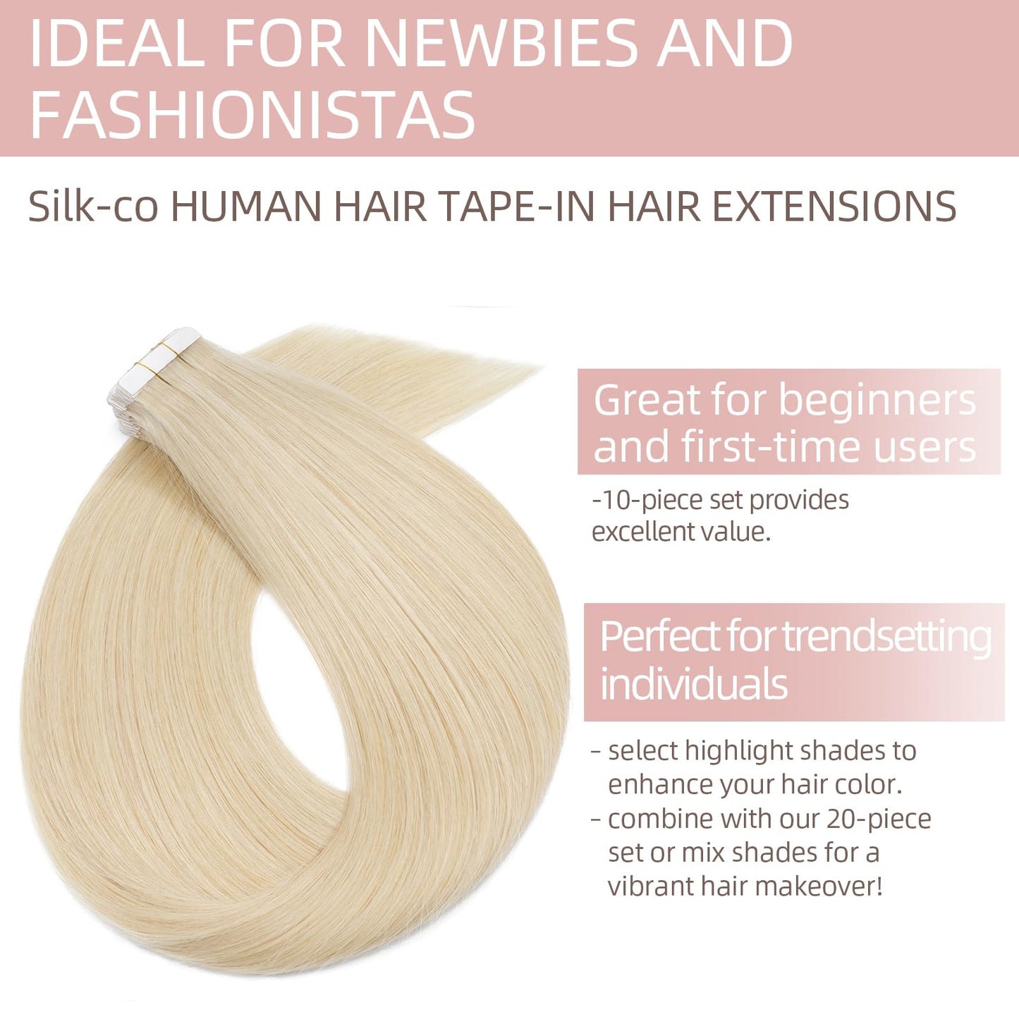 Silk-co 12"-24" Tape in Hair Extensions 100% Real Remy Straight Human Hair Extension 10Pcs Straight Skin Weft Seamless (12inch #60 Platinum Blonde)