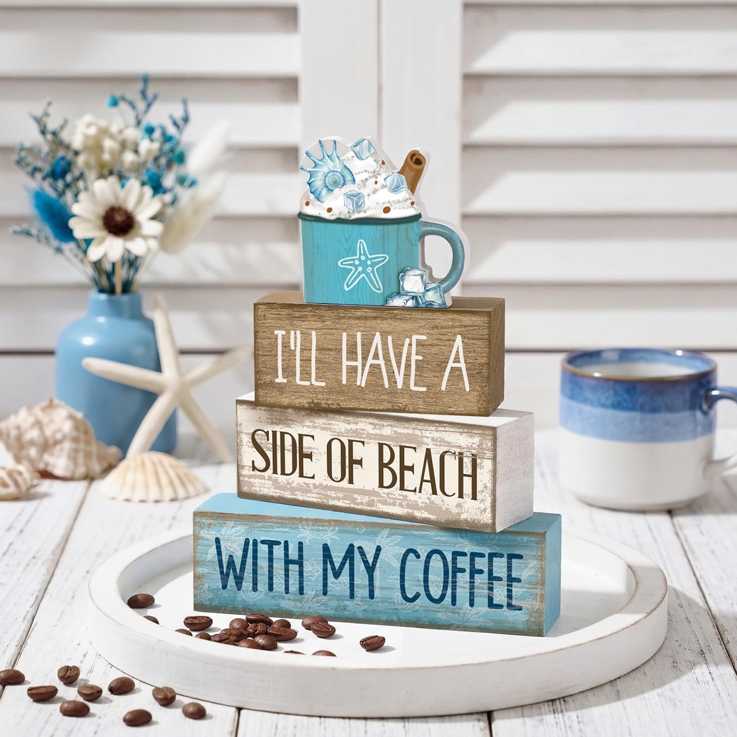 Lineshading 4 Pcs Summer Table Decorations Beach Coffee Bar Wooden Block Sign Blue Rustic Coastal Tiered Tray Decor with Coffee Cup Summer Centerpieces Decor for Beach Nautical Party Office Home