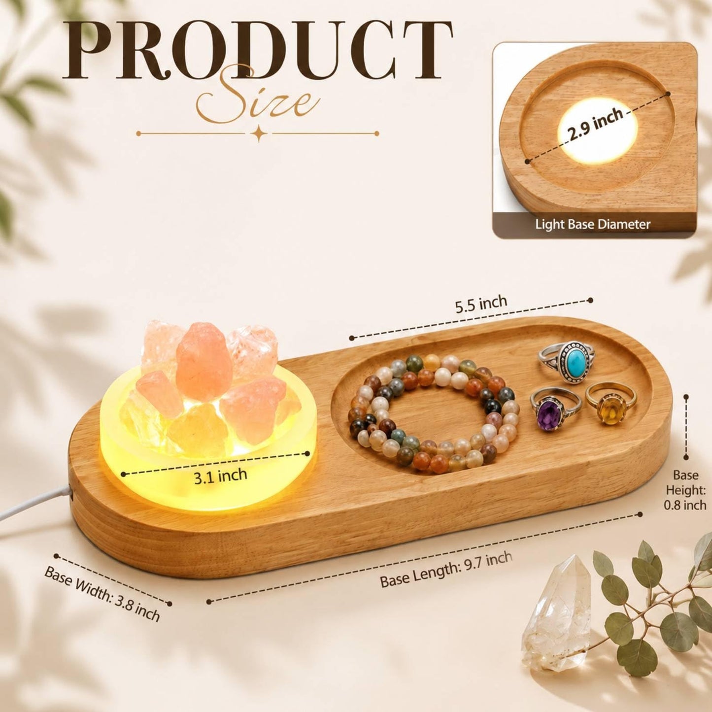 Hushee Light up Wood Jewelry Tray Crystal Holder Set of 3 - Selenite Charging Bowl & Natural Raw Rose Quartz Stone Aesthetic Room Decor for Jewelry Storage, Meditation, Ideal Gift for Women