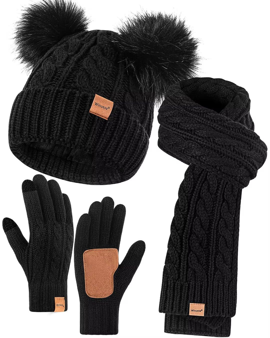 Winter Hat Scarf Glove Set for Women, Warm Fleece Lined Womens Beanie Hat with Double Pom Pom, Gloves with Touchscreen Fingers, Knit Scarf Neck Warmer, Xmas Gift Set for Cold Weather-Black