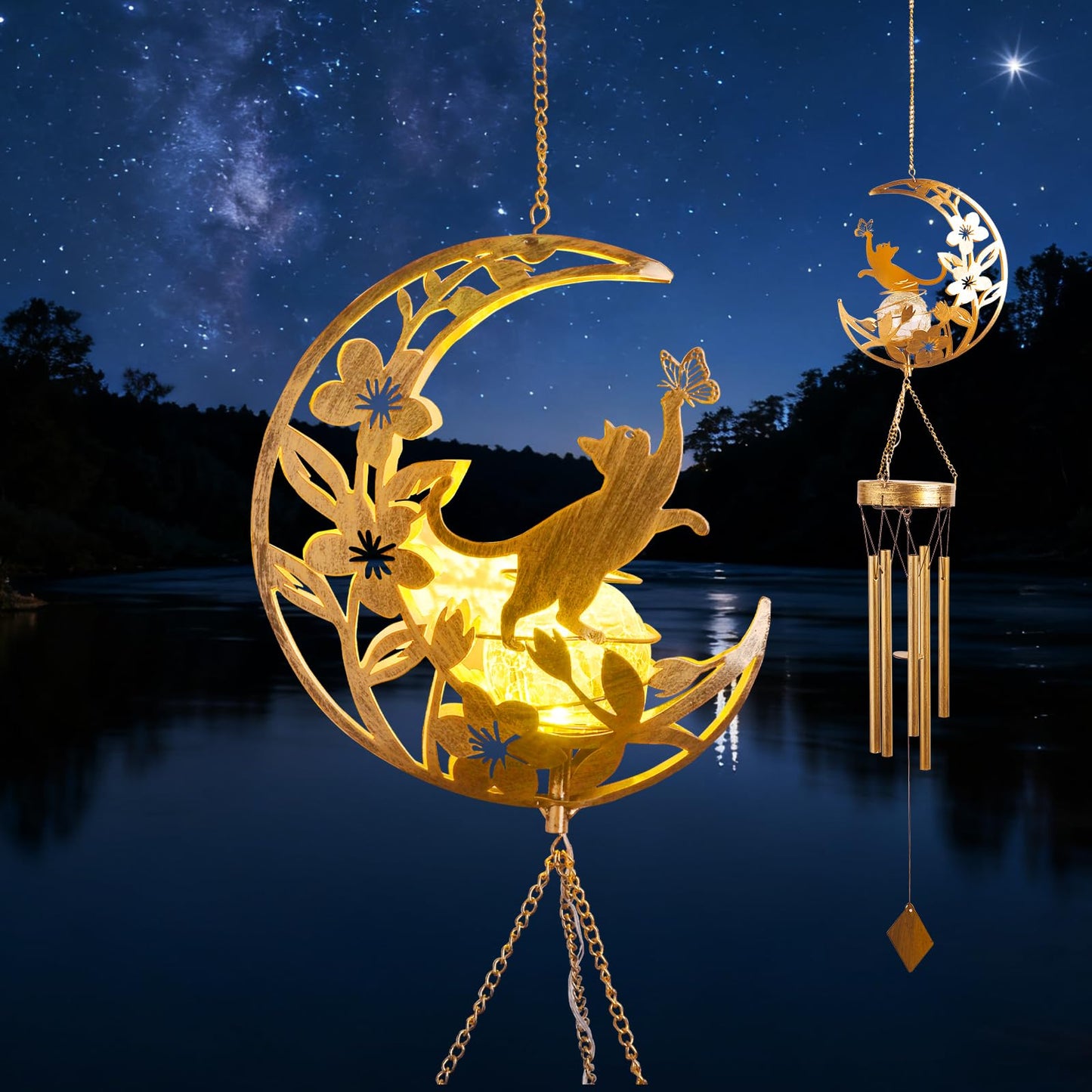 Moon Cat Wind Chime Outdoor 3-Chord, Handmade Metal Garden Wind Chimes with Cat Charms, Melodic Weatherproof Wind Bell for Patio Porch Decor, Unique Gift for Cat Lovers (Silver)