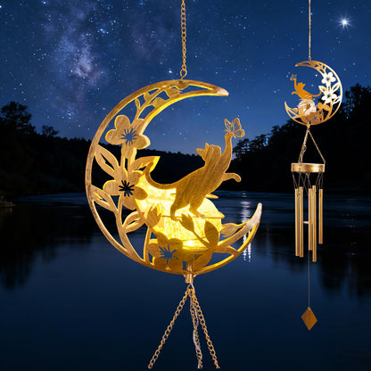 Moon Cat Wind Chime Outdoor 3-Chord, Handmade Metal Garden Wind Chimes with Cat Charms, Melodic Weatherproof Wind Bell for Patio Porch Decor, Unique Gift for Cat Lovers (Silver)