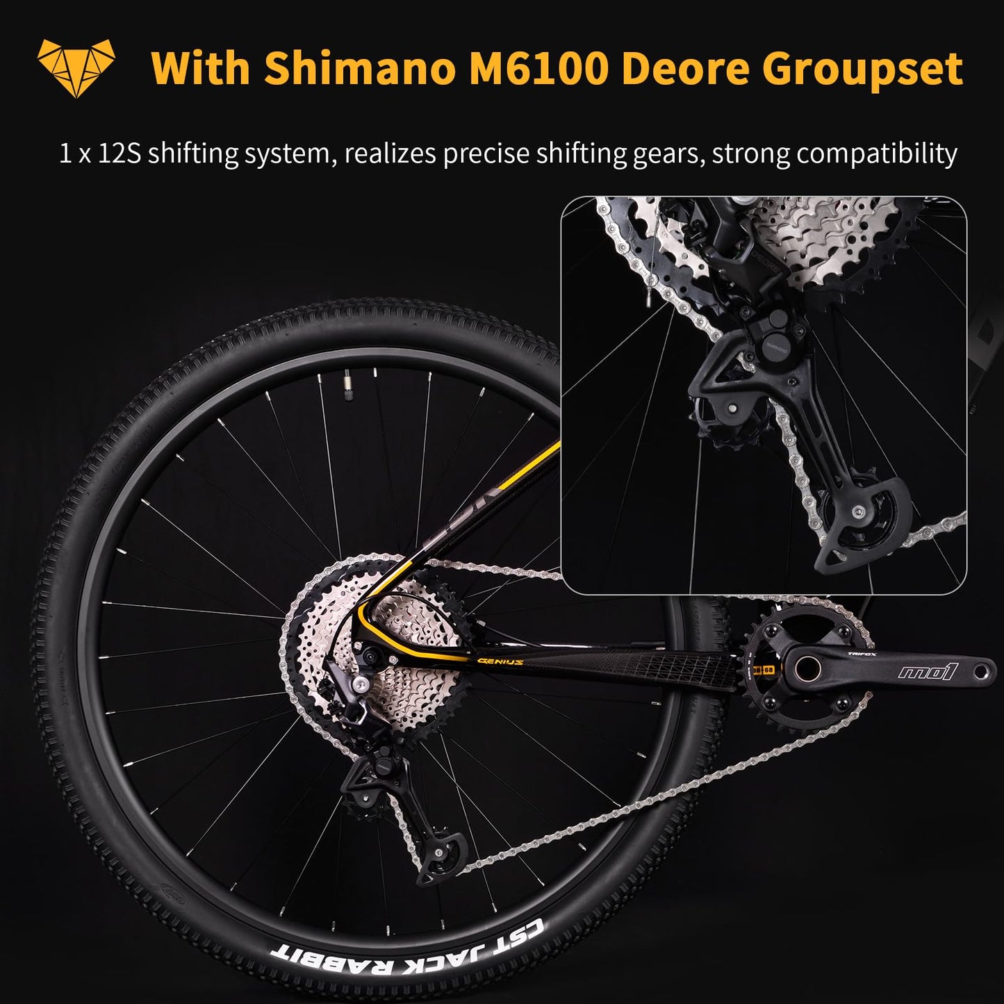 TRIFOX Carbon Fiber Mountain Bike with Shimano M6100 Deore Groupset 12-Speed,Carbon Fiber Frame,Hydraulic Fork 130mm Travel,29er Mountain Bike for Adult 17/19 inch (Obsidian Yellow, 29er * 19 inch)