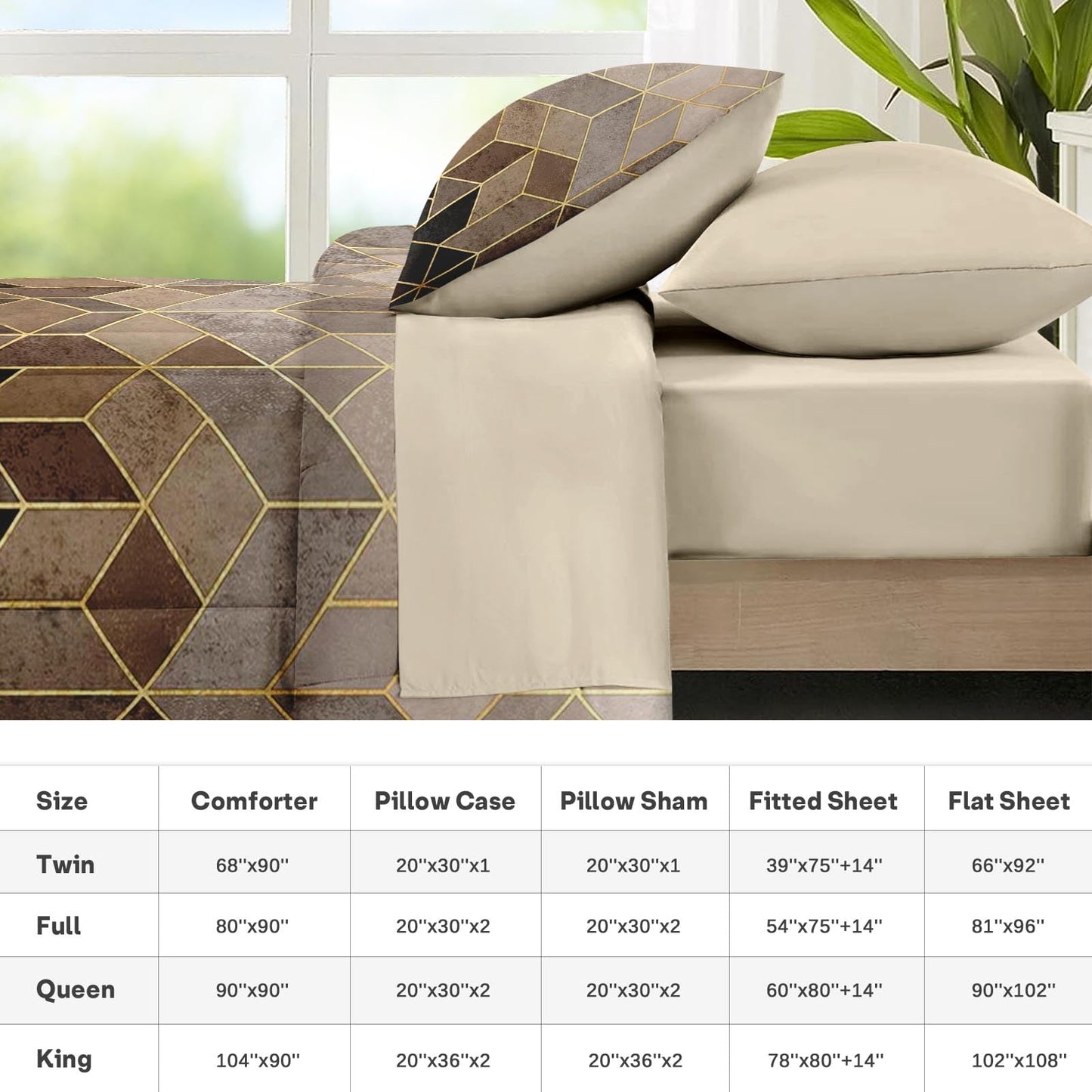 Nesker Comforter Set Queen Size, Black Golden Gradient Cubic 7 Pcs Bedding for Kids and Adults, Brown Modern Geometric Bed Sheet Sets with Fitted Sheet 2 Pillowcases & 2 Shams