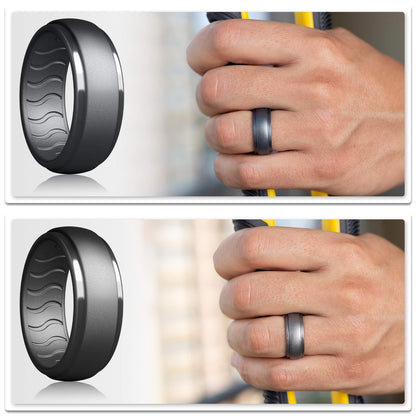 Dookeh Breathable Mens Silicone Wedding Rings, Rubber Ring Bands For Men, Black Blue Camo Engagement Band, Best for Workout, 1-4-7 Pack (W3-Titanium,Dark Gray,Cast Iron,Black, 10)