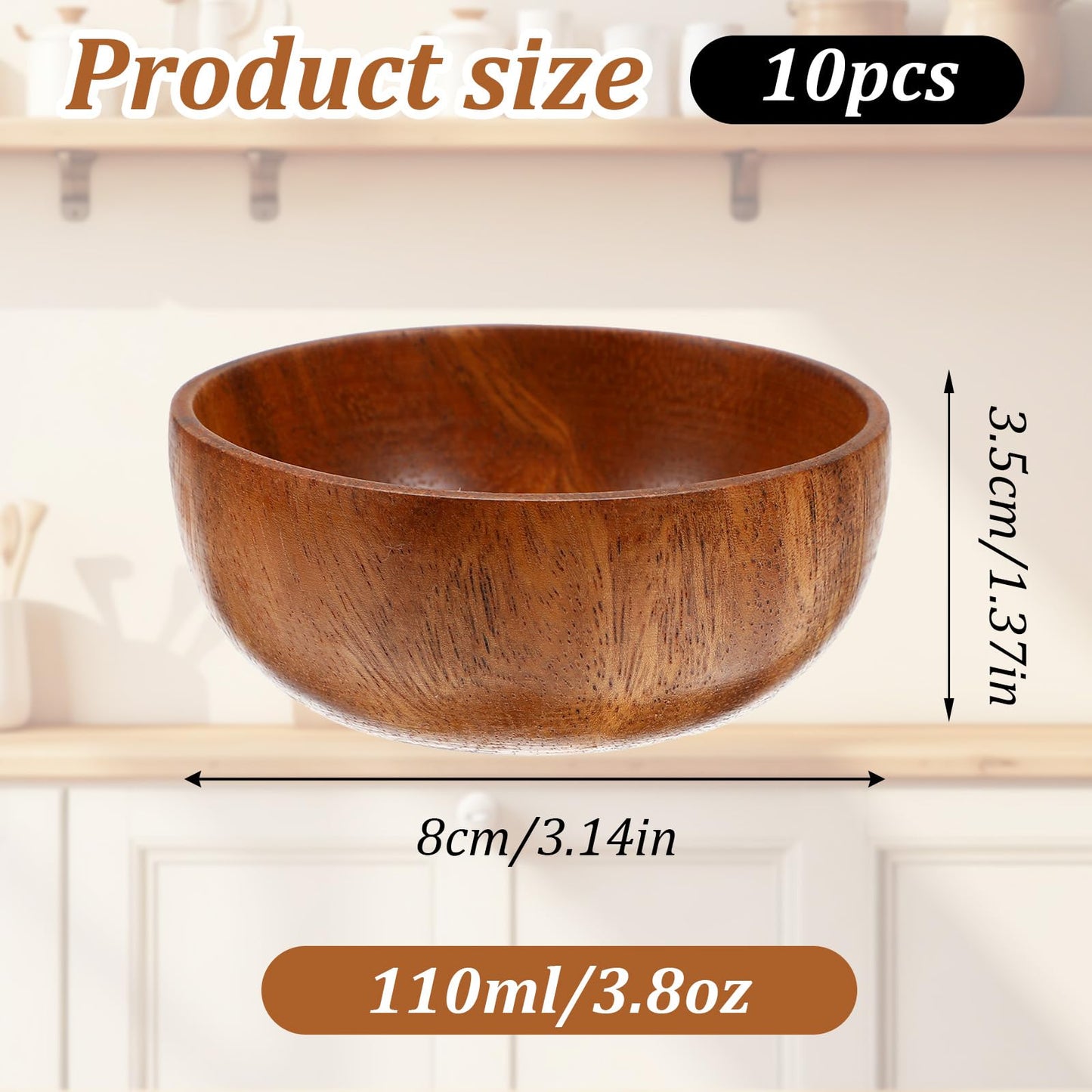 JIEYAO 10-Piece 3" Acacia Wood Bowl Set, Rustic Style, Small Wooden Salad Bowls, Hand Carved, Jointless, No Oiling Required