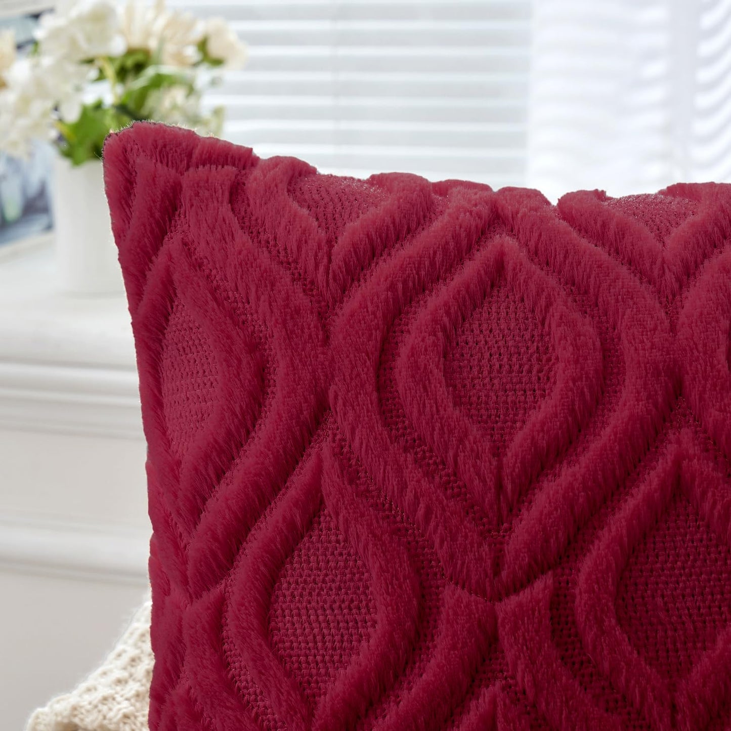 MIULEE Christmas Wine Red Throw Pillow Covers 12x20 Inch, Soft Winter Plush Faux Wool Couch Pillow Covers Set of 2 Decorative Farmhouse Boho Throw Pillows for Sofa Living Room Bed