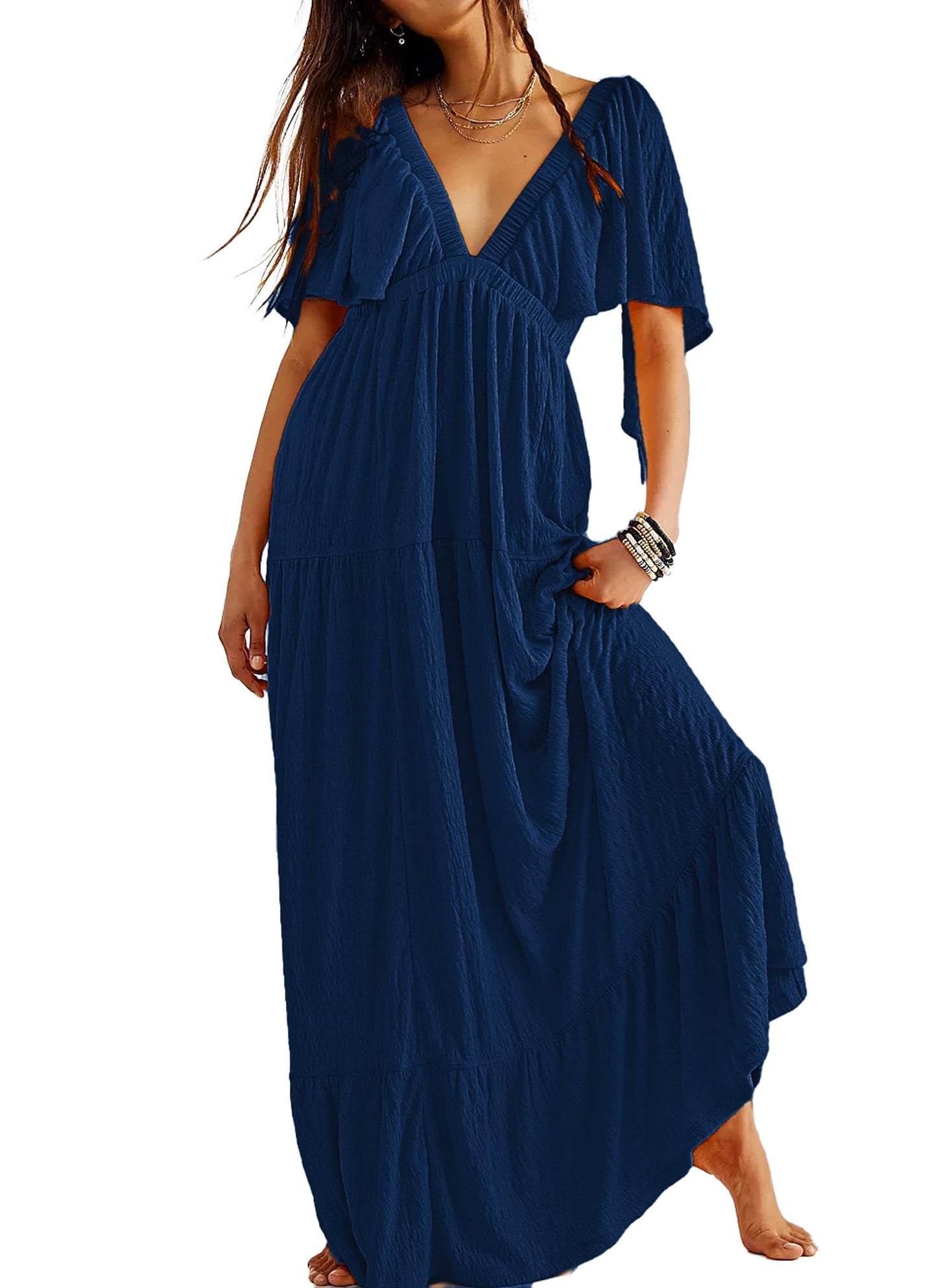 Kikibell Women Summer Dresses Sexy V-Neck Maxi Dress Tiered Silhouette with Flutter Sleeve Backless Elastic Waist Flowy Dress