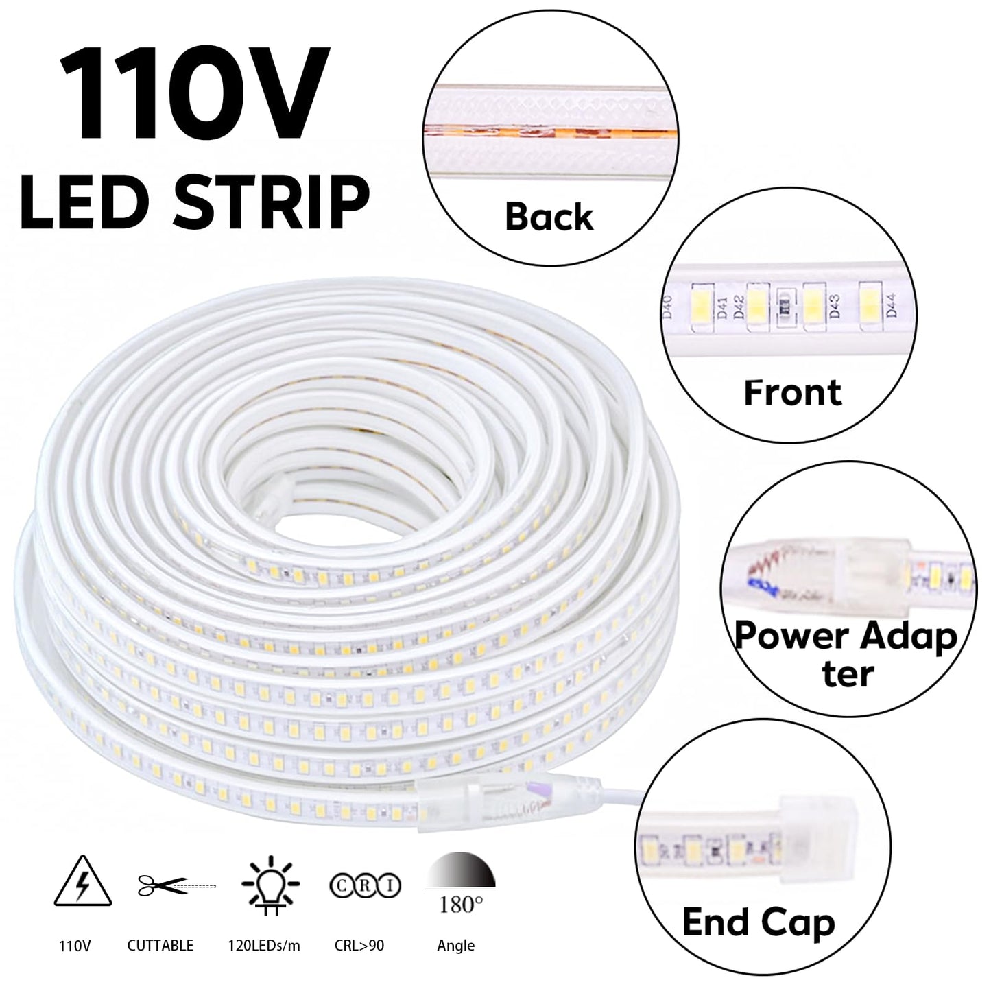 pcningled AC 110 Volt LED Light Strip Flexible Cuttable 6.56 ft Outdoor LED Lights Waterproof IP67 SMD 5730 120LEDs/m 6000K Cold White Rope Lights for Bedroom Wall Kitchen Cabinets Home Decor