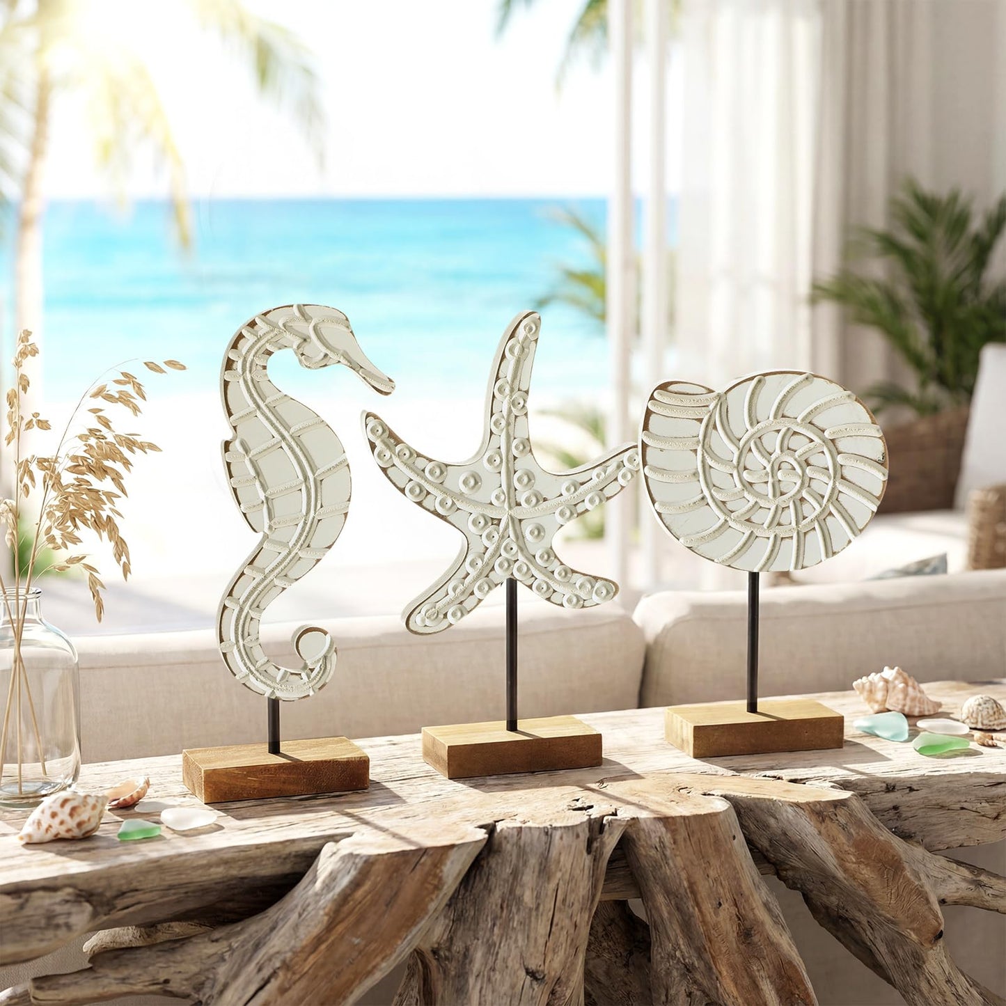 Leinuosen 3 Pcs Wooden Beach Ocean Table Decor White Neutral Coastal Table Centerpiece Rustic Decorative Wood Nautical Figurines Sea Life Starfish Conch Seahorse Statue for Ocean Beach Home Decor