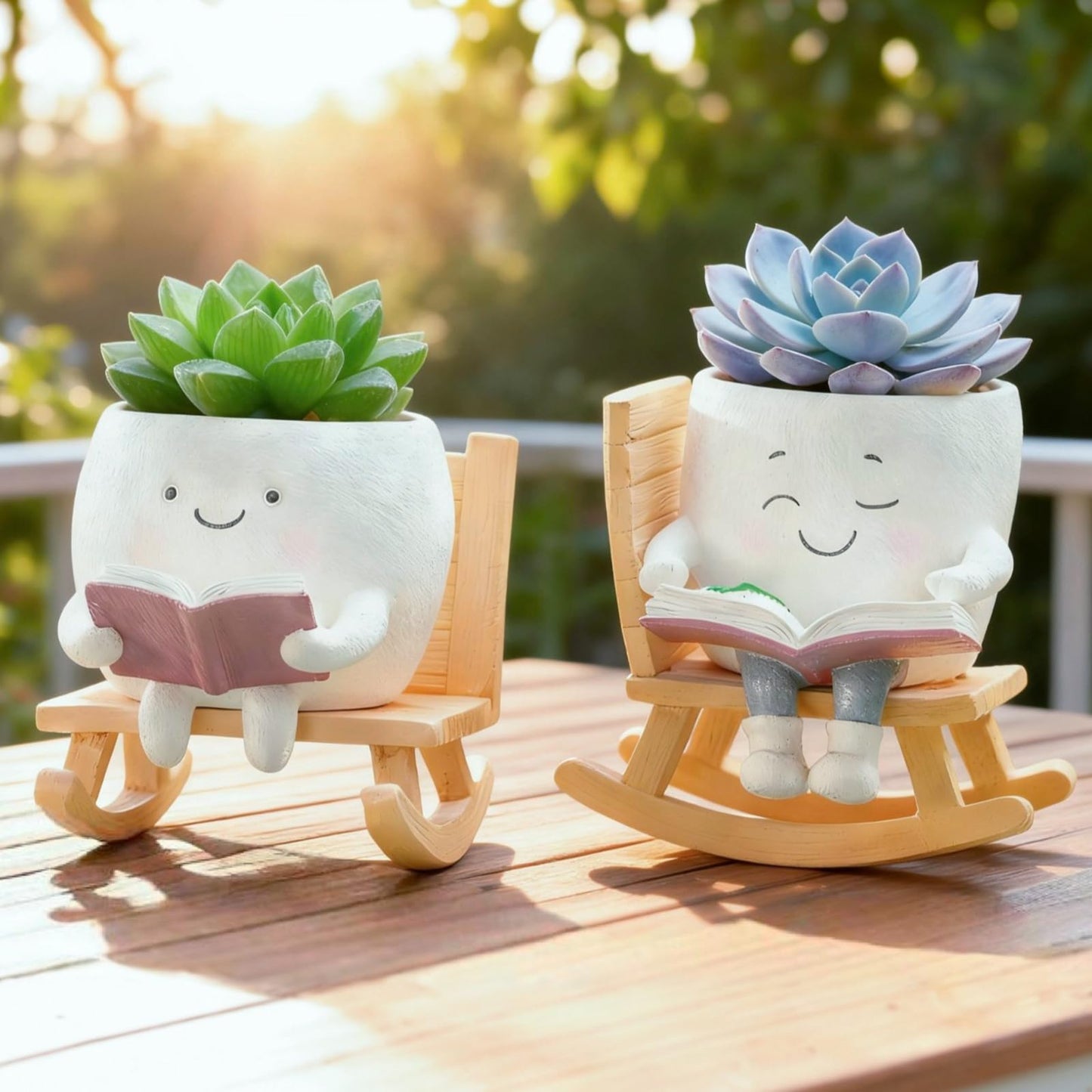 Yhupl Adorable Smiley Face Reading Flower Pot, Unique Rocking Chair-Style Resin Plant Pot with Drainage Holes, Suitable for Indoor/Outdoor Planting and Home Decor (A)