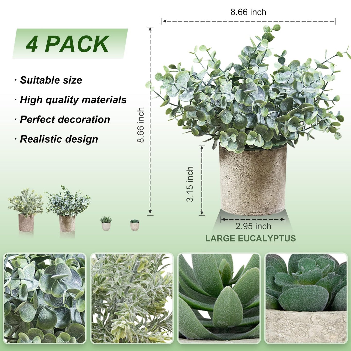 4 Pack Small Fake Plants in Pots, Artificial Eucalyptus Plants & Succulents, Mini Faux Plants for Desk Shelf Office Decor, Realistic Fake Potted Plants Indoor Home Decor