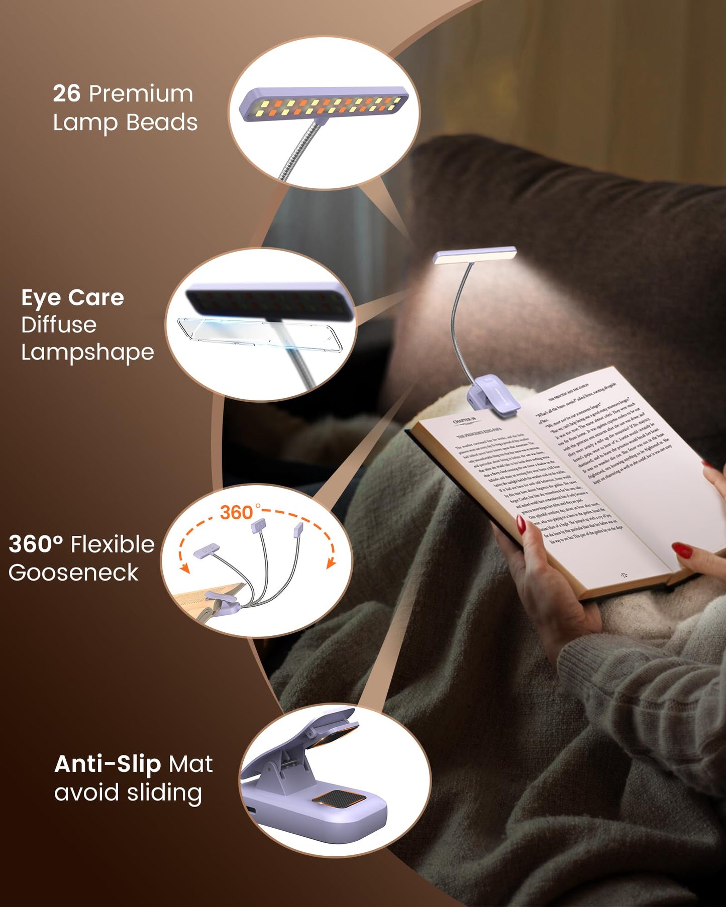 Glocusent 26 LED Book Light, 1200 mAh 90 Hrs Lasting Rechargeable Reading Light, 5 Amber Colors & Stepless Dimming Book Reading Light - Portable Clip on Light for Book Lovers Kids