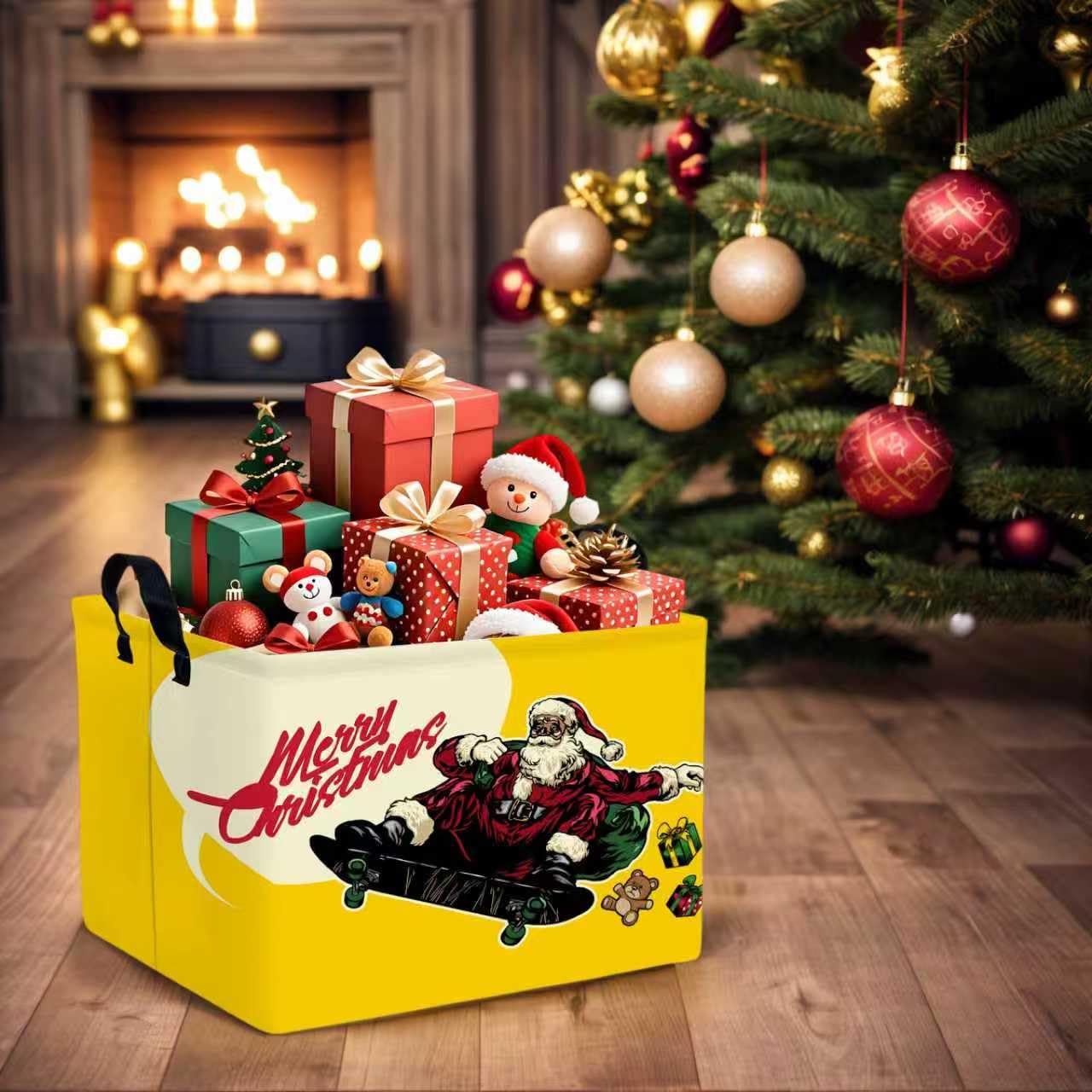 NIETEIN Large Kids Christmas Holiday Gift Empty Baskets Collapsible Families Holiday Storage Bin with Handle (Santa Claus Skateboarding)