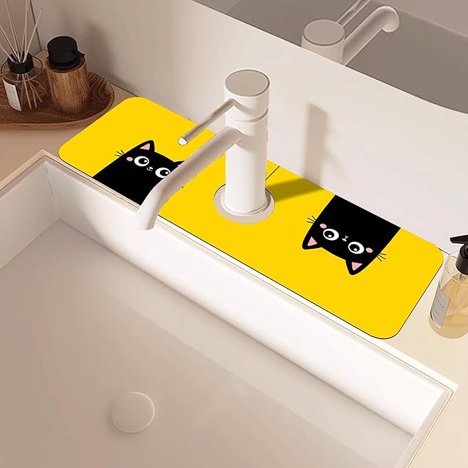Cute Black Cat Head Kitchen Sink Splash Guard Mat Absorbent Fast Drying Mat