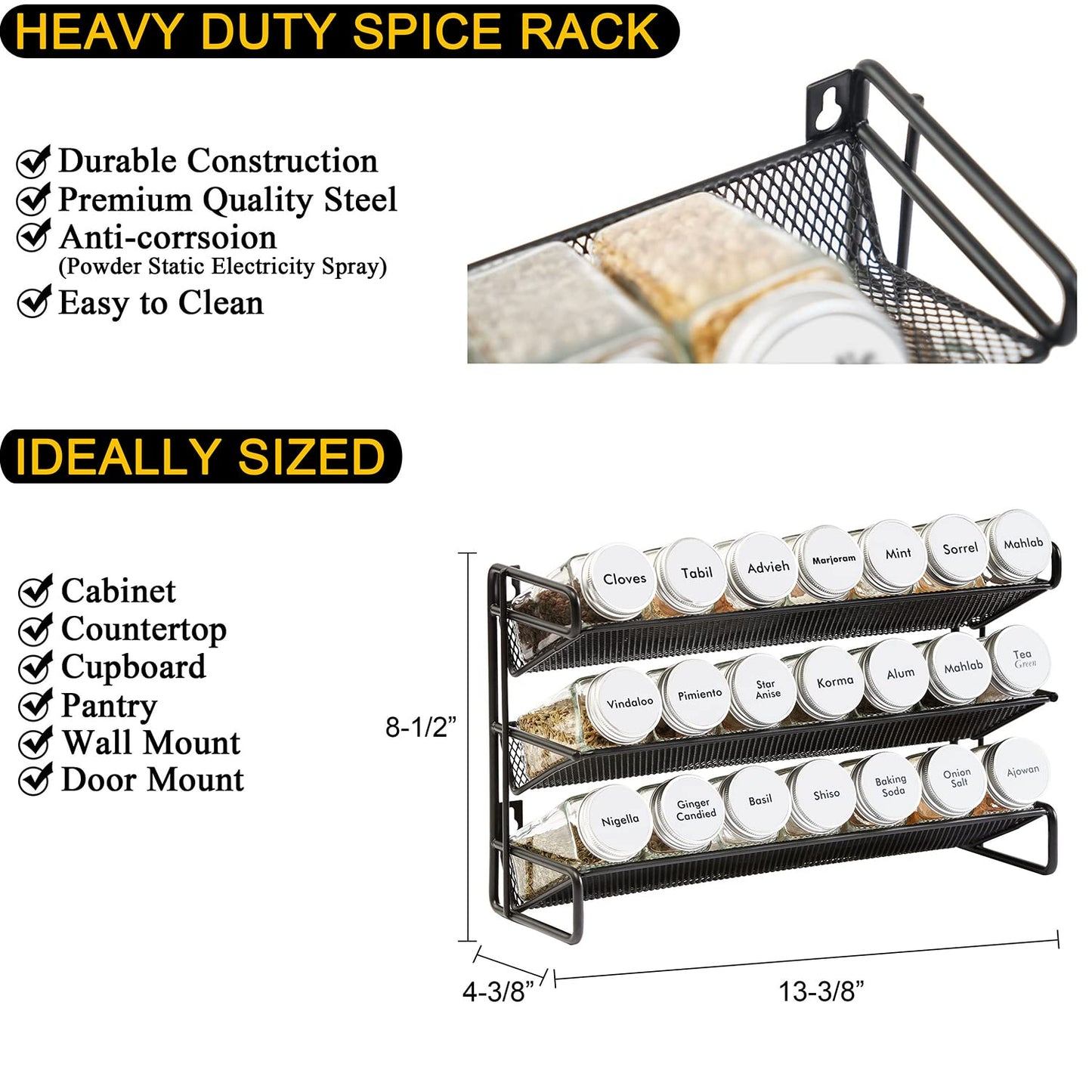 SpaceAid Spice Rack Organizer with 28 Spice Jars, 386 Spice Labels, Chalk Marker and Funnel Set for Cabinet, Countertop, Pantry, Cupboard or Door & Wall Mount - 28 Jars, 13.4" W × 10.8" H, Black