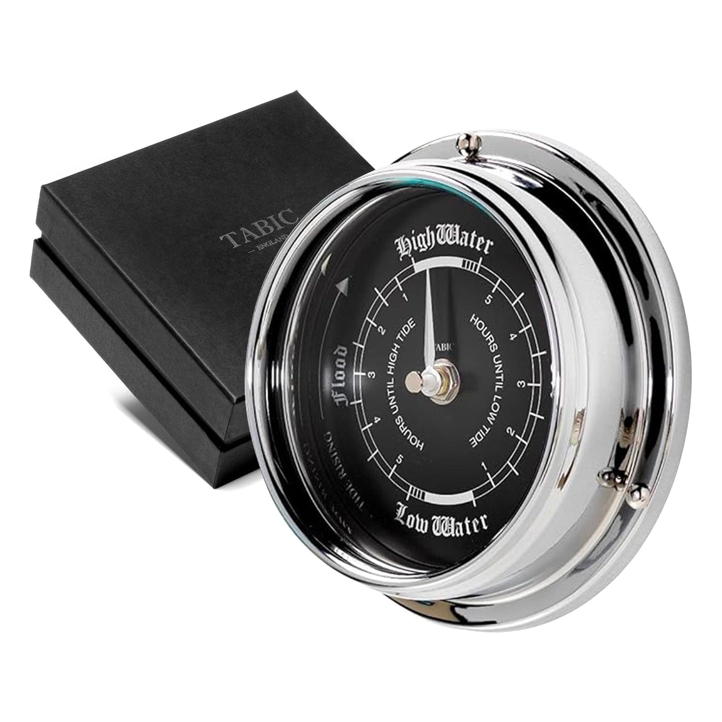 Tabic Prestige Tide Clock in Chrome with Jet Black Dial, Traditional Marine Tide Wall Clock, Ocean-Themed Nautical Clock for Beach Enthusiasts - Heavy Chrome Plated, Handcrafted in England