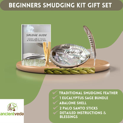 Ancient VEDA Healer's Kit: Complete Sage Smudge Kit Bundle w/Abalone Shell, Palo Santo, Sweetgrass, Turkey Feather & Guidebook – Spiritual and Energy Cleansing, Ritual Supplies, Smudging Essentials