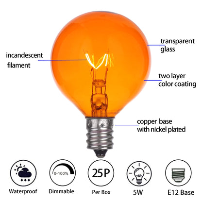 MAINDECO 25 Pack G40 Replacement Bulbs,120V 5W Incandescent,E12 Base,for Indoor Outdoor String Lights-Orange