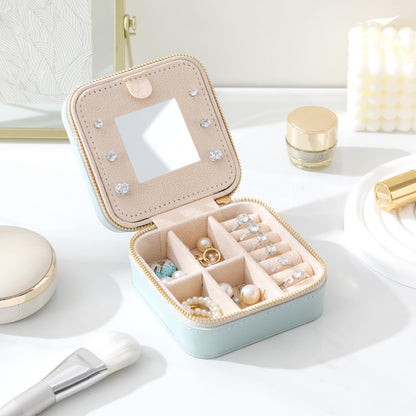 NGVRC Genuine Leather Travel Jewelry Case Organizer with Mirror for Women, Small Jewelry Box Portable Mini Jewelry Case for Earring, Ring, Necklace, Bracelet(Cyan)