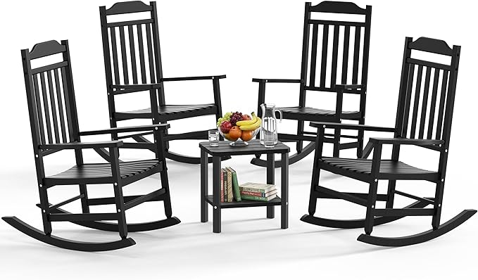 5 Piece Outdoor Rocking Bistro Set, Rocking Chairs Outdoor Furniture, Resin Waterproof Sun-Proof Patio Furniture Set for Garden, Pool, Backyard（5, Black）