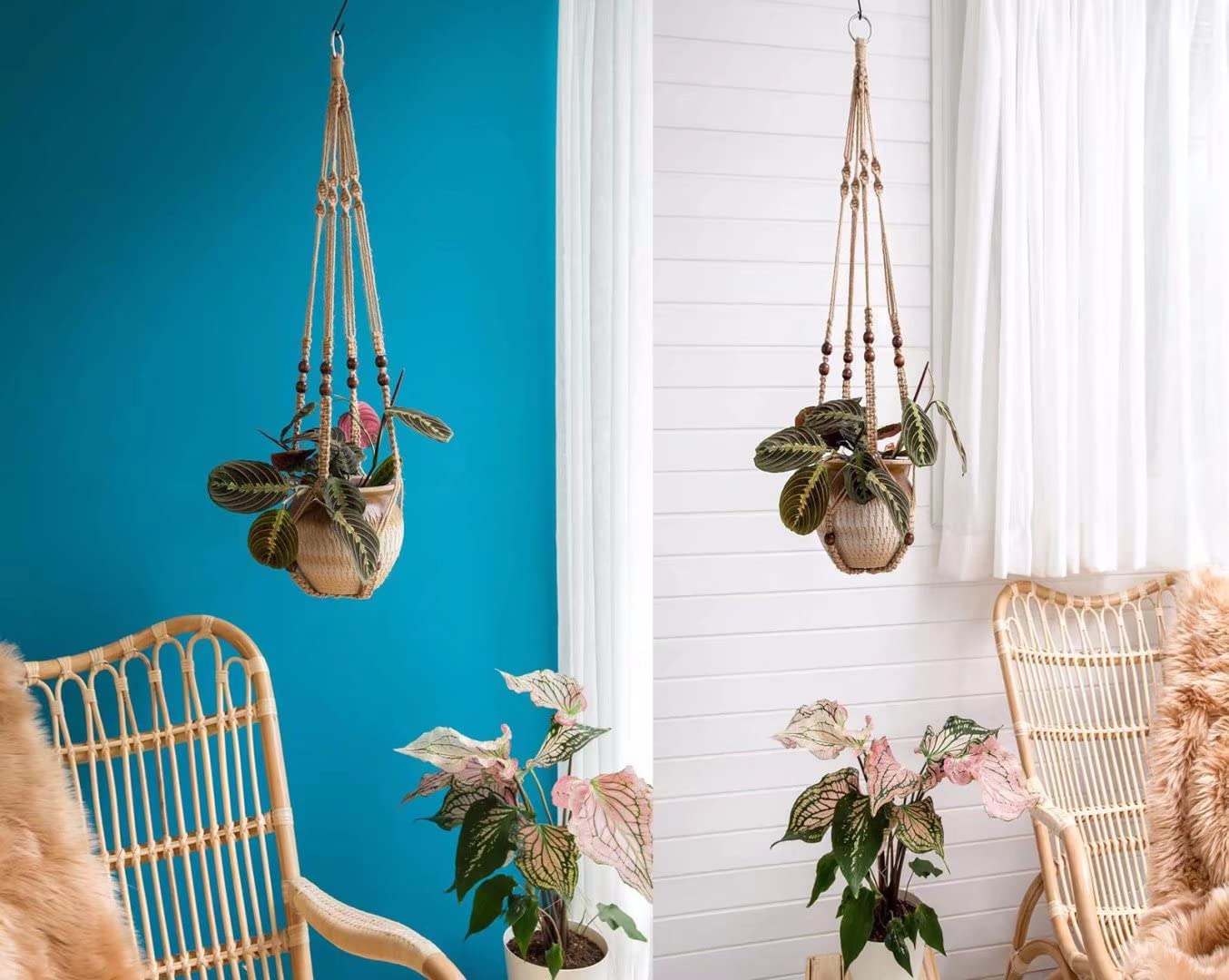 AKEIE Macrame Plant Hanger 3 Pack Indoor & Outdoor Wall Hanging Planter + 3 Hooks Hanging Planters Basket Cotton Rope 4 Legs 35 Inch Used for Herbs Ferns Ivy Crawling Plants Hanging Planters(Brown)