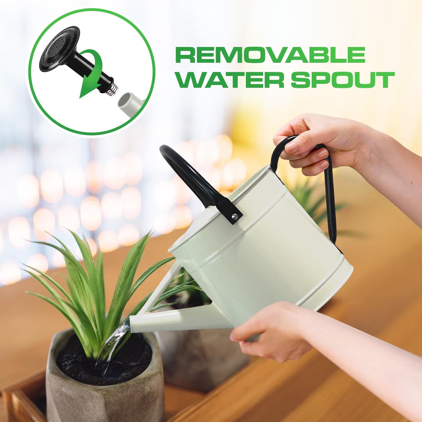 Plexon 1 Gallon Metal Watering Can Outdoor, Flower Plant Gardening Garden Large Watering Can Pot, Black Galvanized Steel Handles and Removable Spray Spout, Off-White